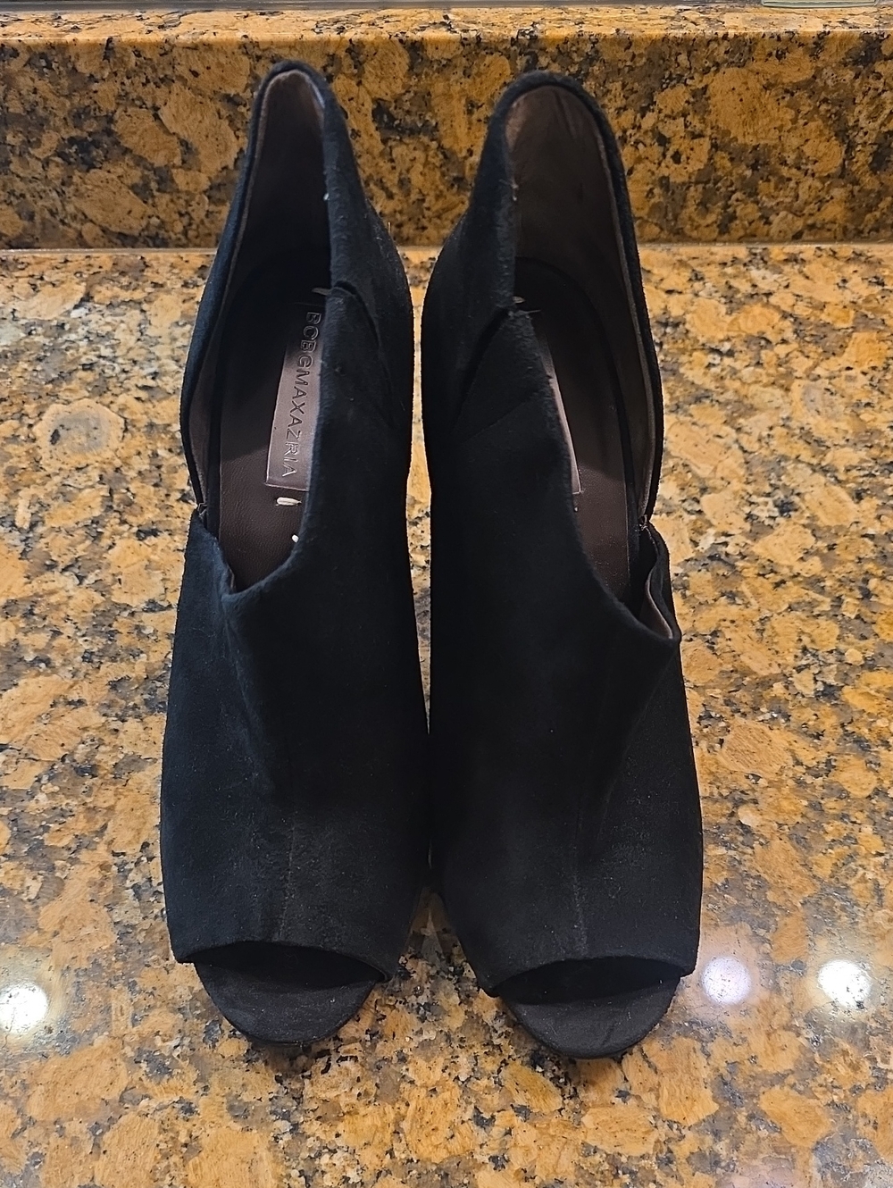 BCBGMaxAzria Black Suede Open-Toe Ankle Boot Heels